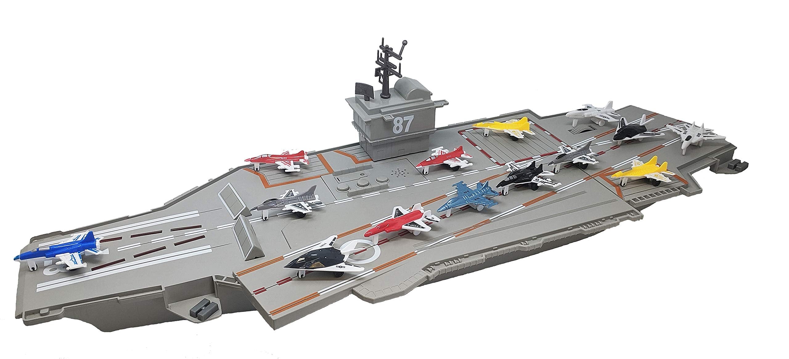 Toy Essentials 30 Inch Aircraft Carrier Playset with Sound Effects, Light Up Runway & 14 Fighter Jets - Multicolor Plastic Model 305549-9Jets