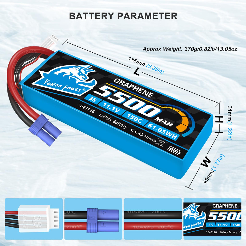 YoWoo Power 3S Lipo Battery 150C 5500mAh 11.1V EC5 Connector for RC Aircraft & Vehicles (2 Pack)