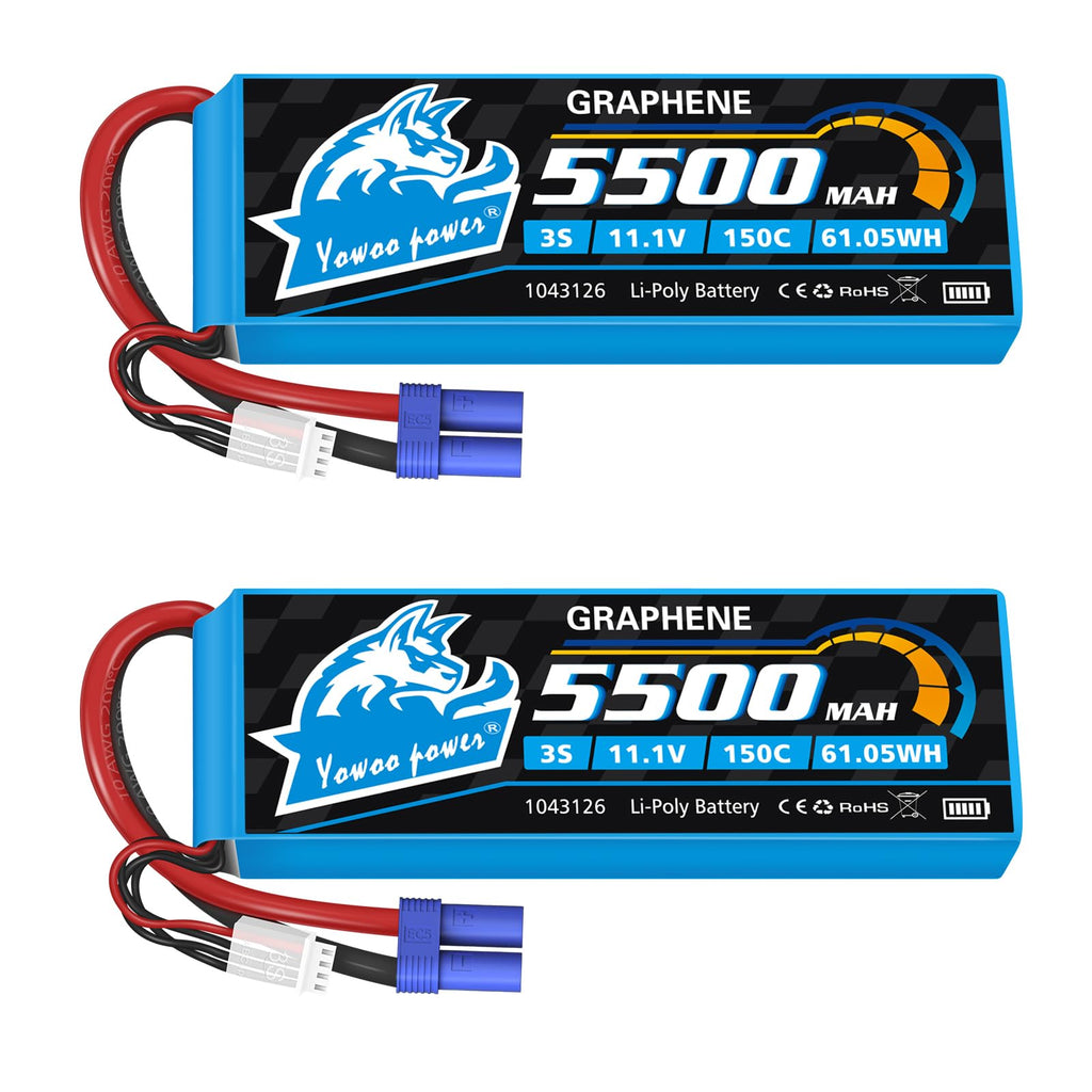YoWoo Power 3S Lipo Battery 150C 5500mAh 11.1V EC5 Connector for RC Aircraft & Vehicles (2 Pack)