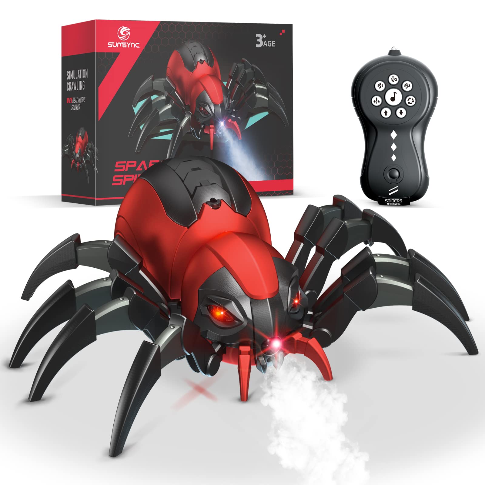 sumsync RC Spider Toy - Realistic Remote Control with Music & LED Light for Kids Age 3-12, Red