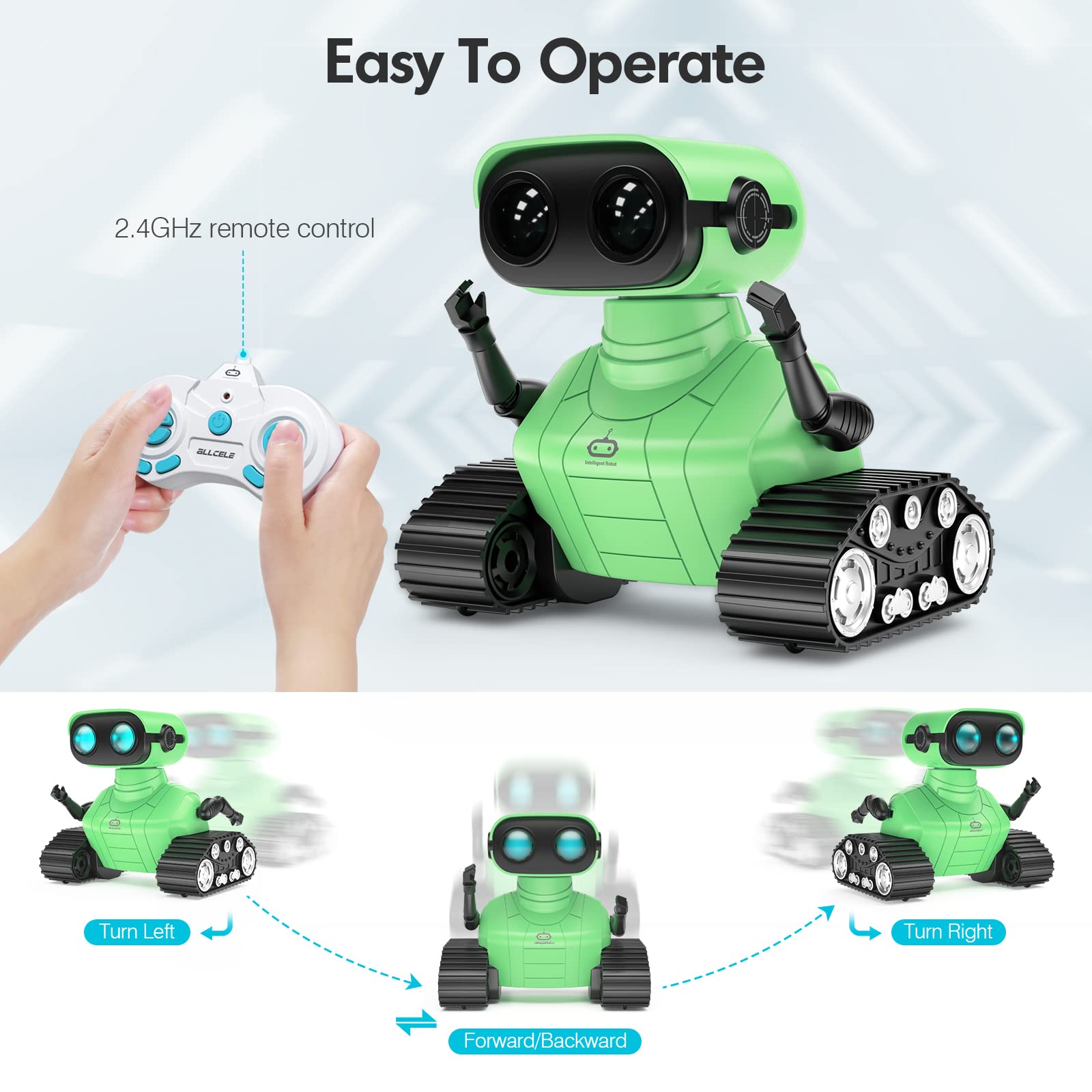 ALLCELE RC Robot Toy - Rechargeable Remote Control with Music & LED Eyes, Green, for Kids 3 Years and Up, Model SQN-008