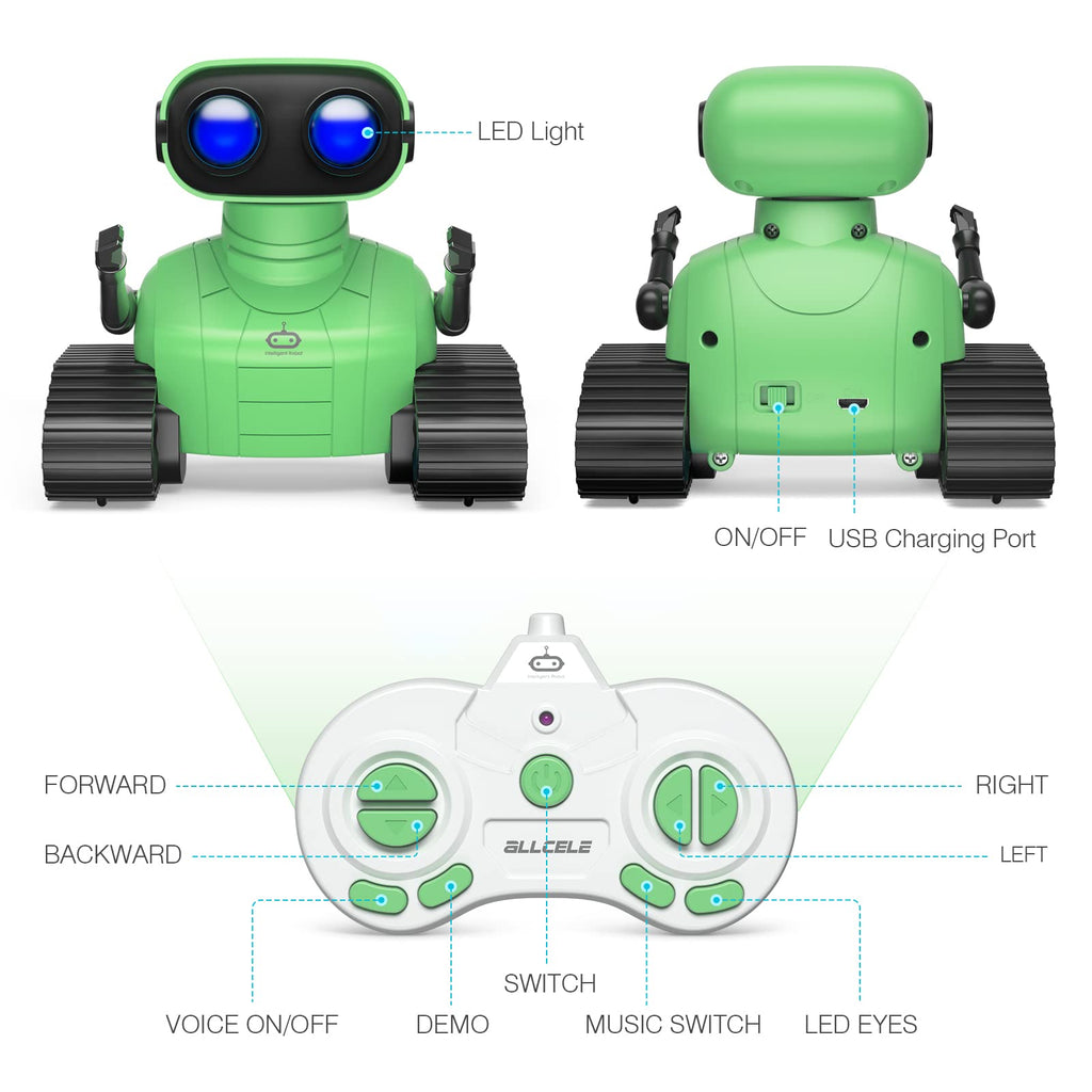 ALLCELE RC Robot Toy - Rechargeable Remote Control with Music & LED Eyes, Green, for Kids 3 Years and Up, Model SQN-008