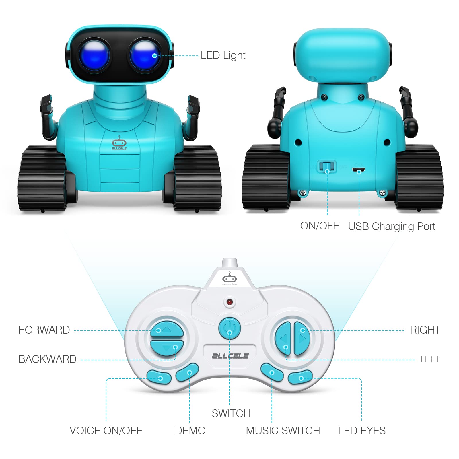 ALLCELE Robot Toys, Rechargeable RC Robots for Kids Boys, Remote Control Toy with Music and LED Eyes, Gift for Children Age 3 Ye