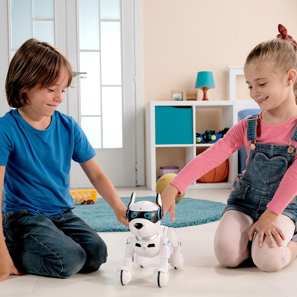 LEXiBOOK Power Puppy Robot Dog - Programmable Remote Control, Large White, Model DOG01, with Training, Dance, Music & Light Effects