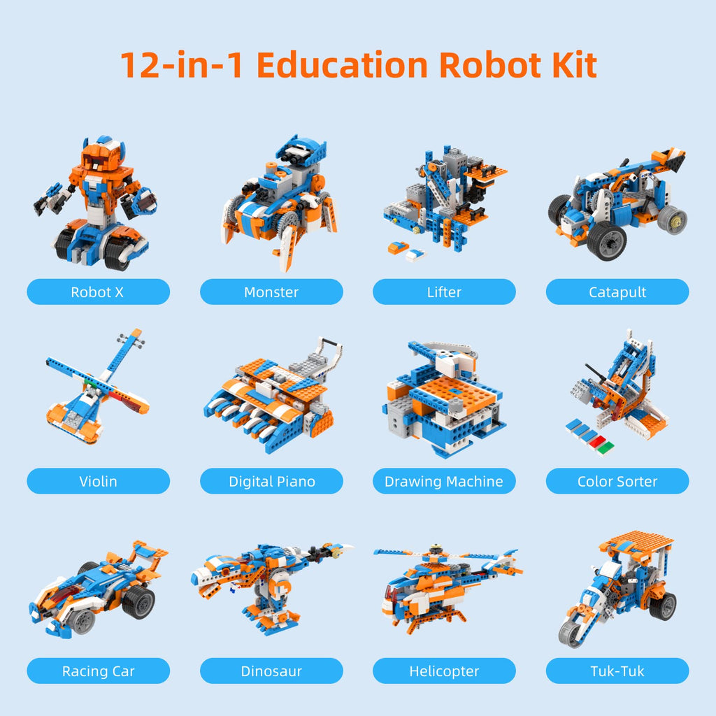 Apitor Robot X 12-in-1 Building Kit, Programmable RC Car, STEM Coding Set, 600 Pieces, Orange & Blue, Ages 8-12