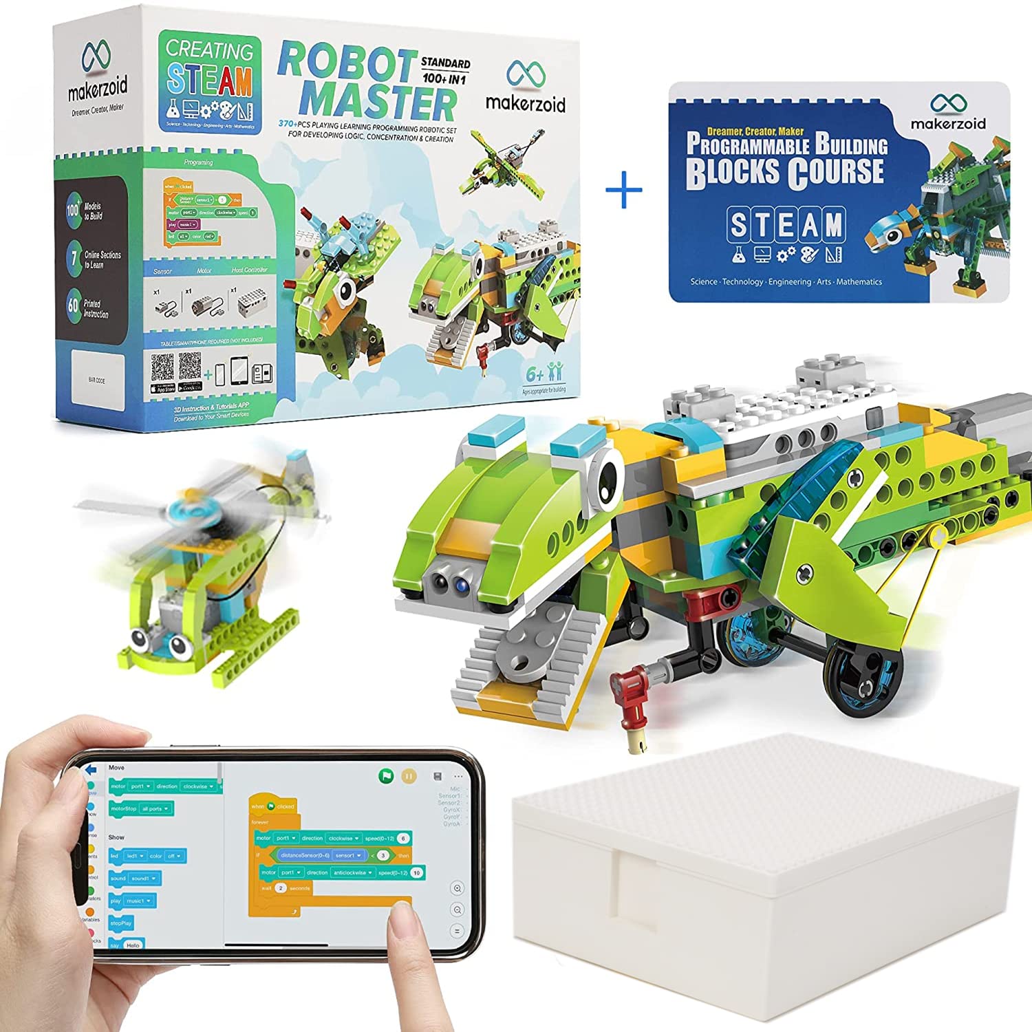 makerzoid Coding Robot Toy for Kids 6+, 100+ APP Control, Programmable Scratch Kit, Green, Model 6974810050002