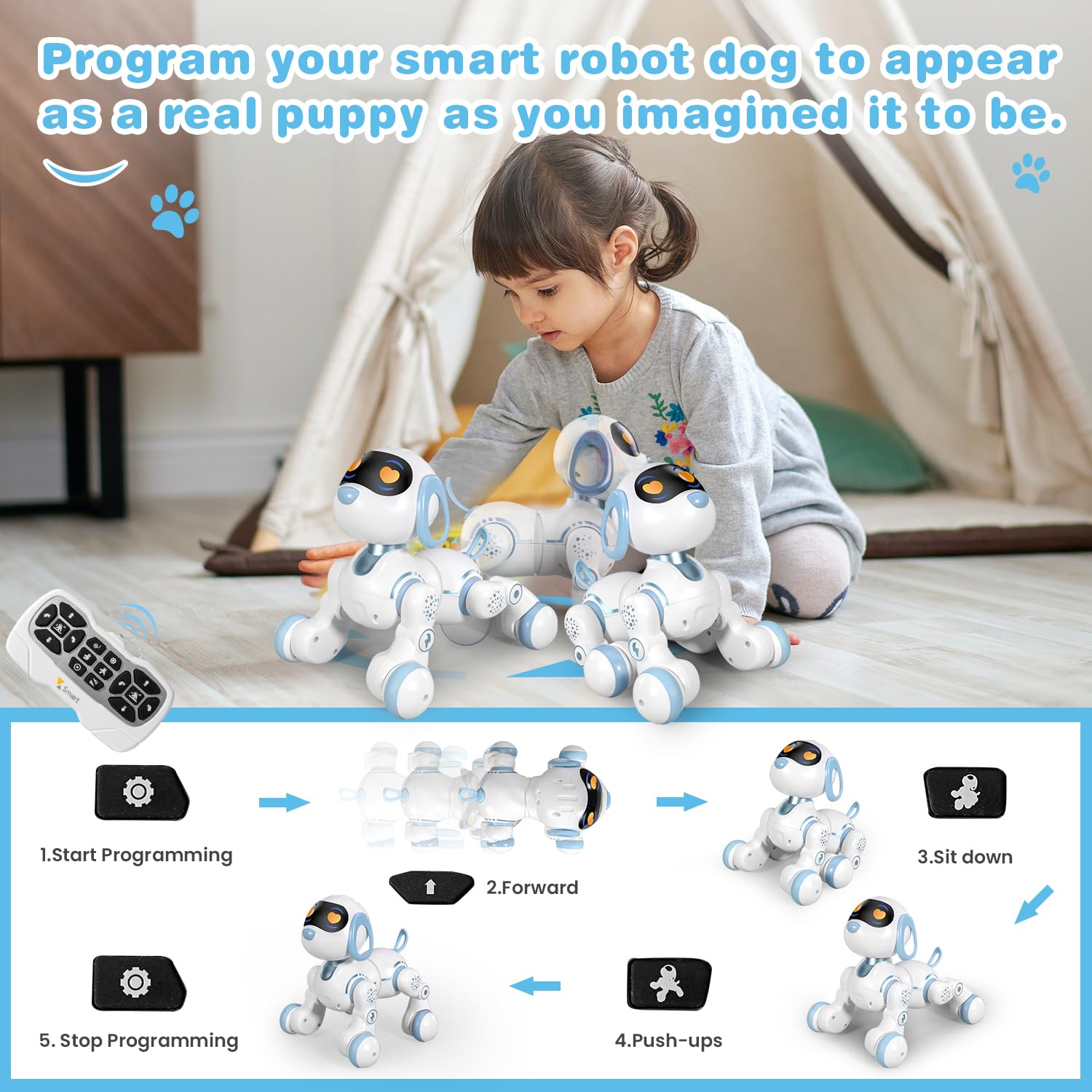FUUY Robot Dog, Remote Control Dog Robot for Kids with Head Touch Sensing and Music Function, Programmable Interactive Robot Fun