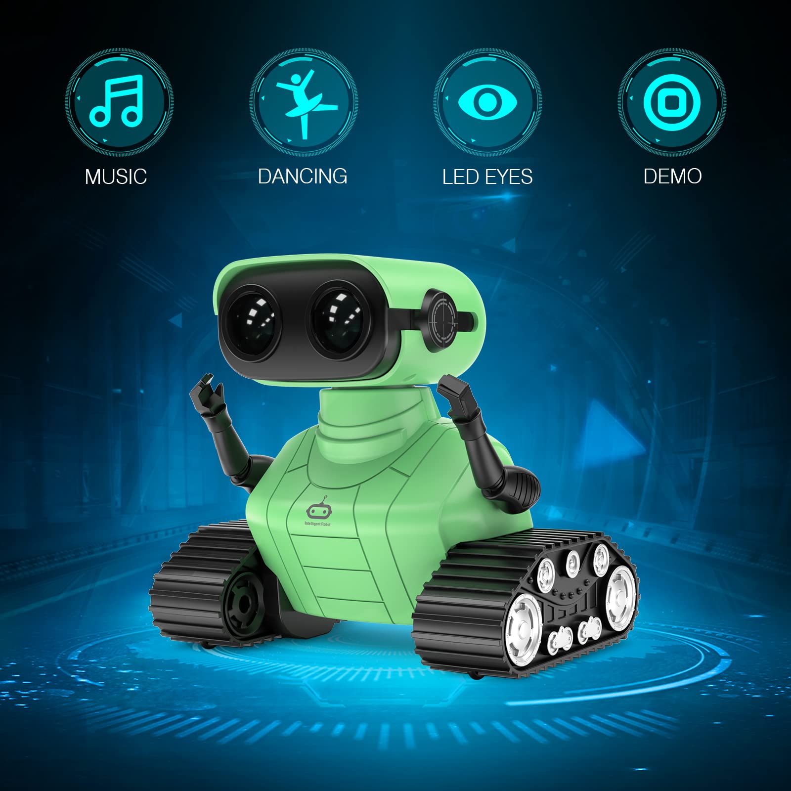 ALLCELE RC Robot Toy - Rechargeable Remote Control with Music & LED Eyes, Green, for Kids 3 Years and Up, Model SQN-008