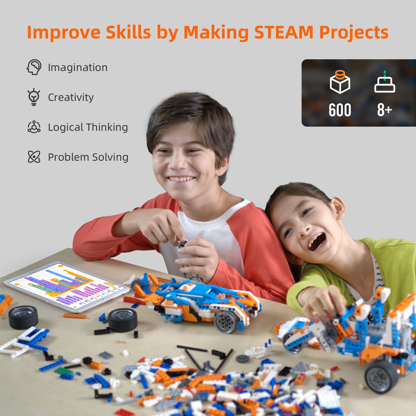 Apitor Robot X 12-in-1 Building Kit, Programmable RC Car, STEM Coding Set, 600 Pieces, Orange & Blue, Ages 8-12