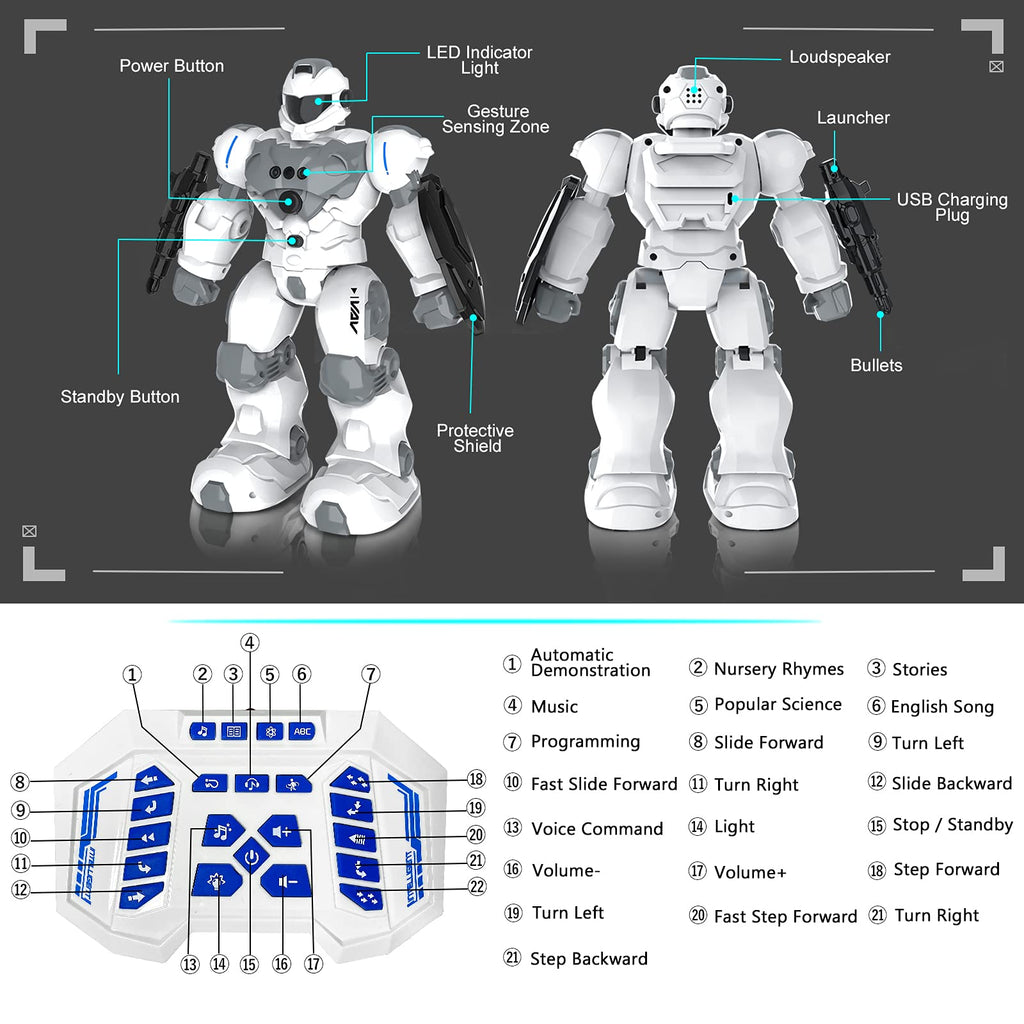VAV Remote Control Robot Toy - Rechargeable, Programmable, Multicolor, Large, Model BG1528 for Kids 6-10 Years Old
