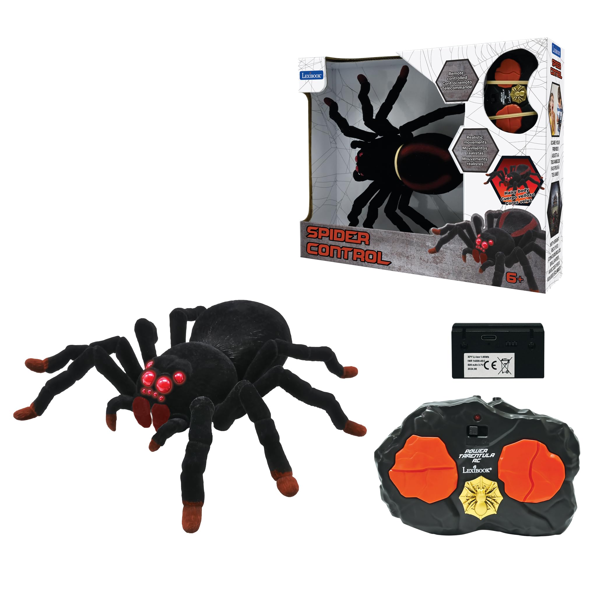LEXiBOOK Remote Controlled Tarantula Spider, Miniature 9.53x9.84x3.07 inches, Black/Brown, Model SPIDER01, Light-Up Eyes, Plastic