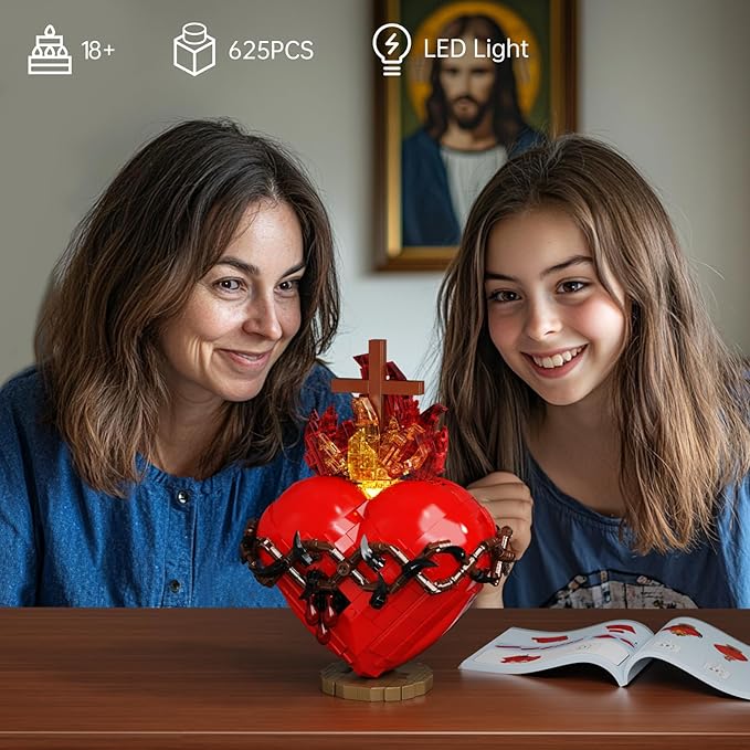 Jesus Heart Building Set,Sacred Heart Model Compatible with Lego,Bible Themed Christian Decorative Items,Religious Gift for Adults or Women(667 PCS)