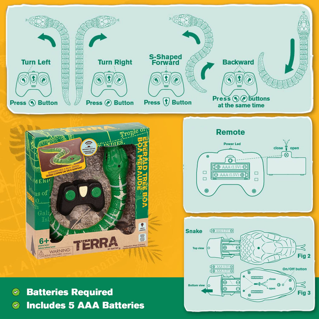 Terra by Battat Remote Control Emerald Tree Boa - Electronic Snake Toy for Kids 6+ - Green - Plastic - Model AN2801Z