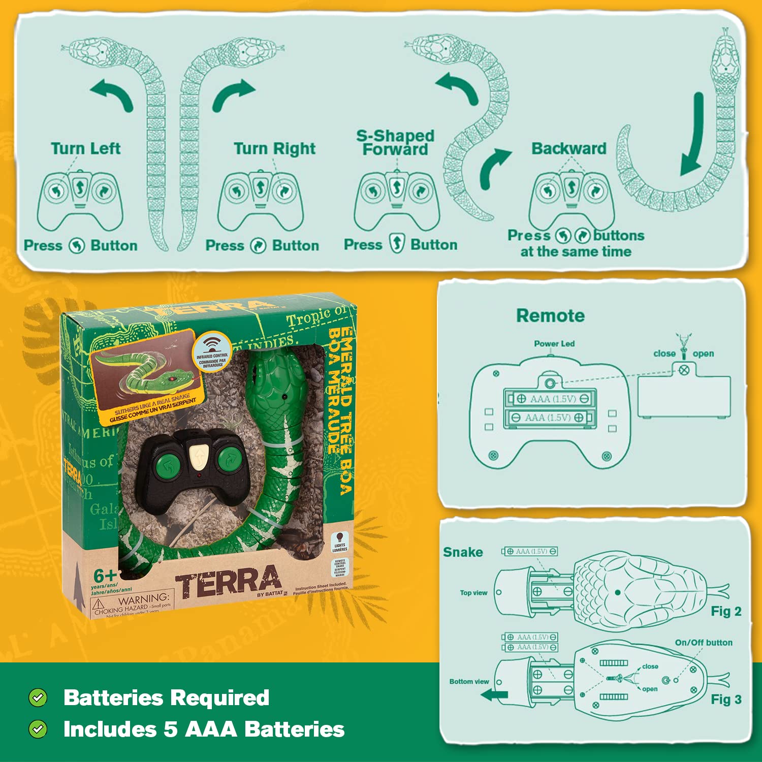 Terra by Battat Remote Control Emerald Tree Boa - Electronic Snake Toy for Kids 6+ - Green - Plastic - Model AN2801Z