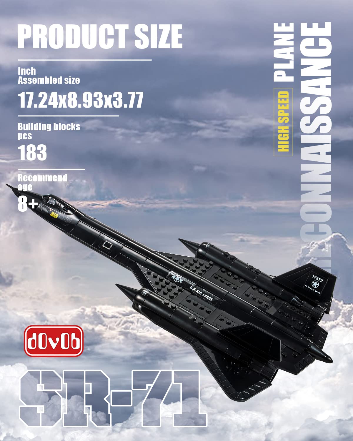 dOvOb Military SR-71 Reconnaissance Blackbird Air Force Building Block Set (183 Pieces)  Aircraft Jet Building and Military Toys Gifts for Kid and mature-themed