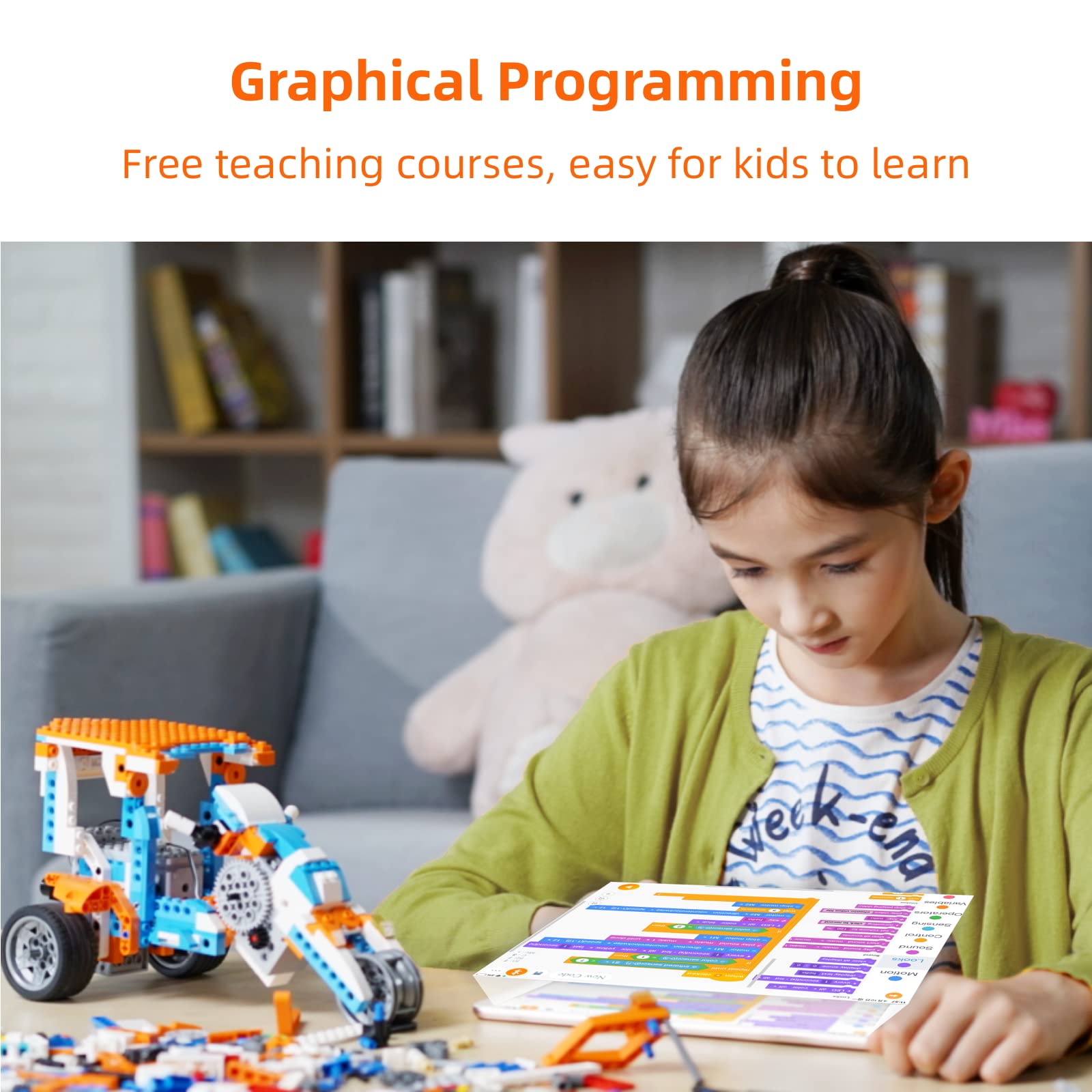 Apitor Robot X 12-in-1 Building Kit, Programmable RC Car, STEM Coding Set, 600 Pieces, Orange & Blue, Ages 8-12