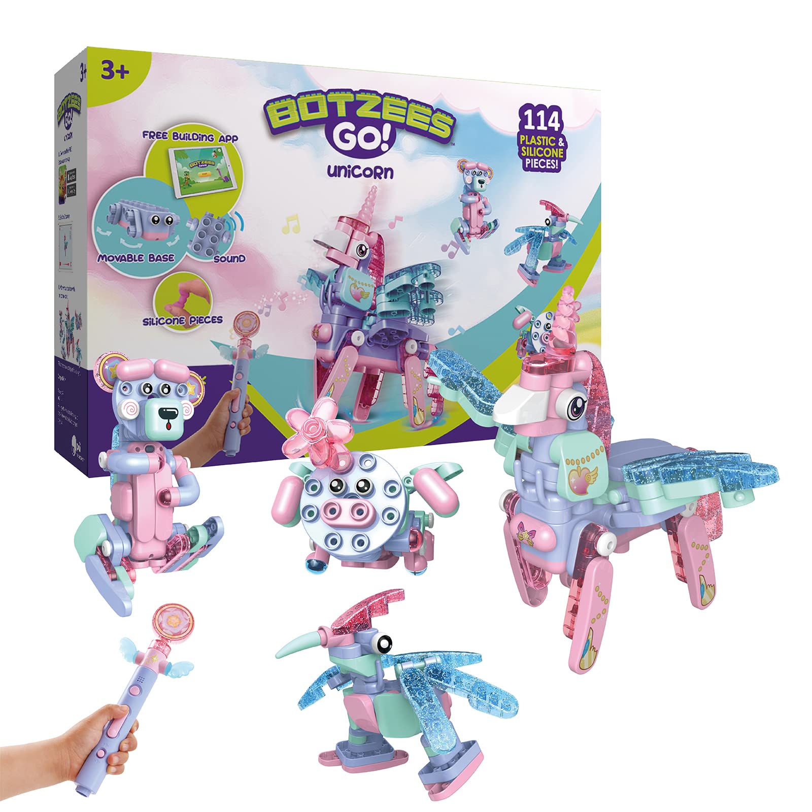 PAI TECHNOLOGY BOTZEES GO! Unicorn Robots - 114 Piece STEM Learning Toy Set, Electric Remote Control, App-Based, Unicorn Color