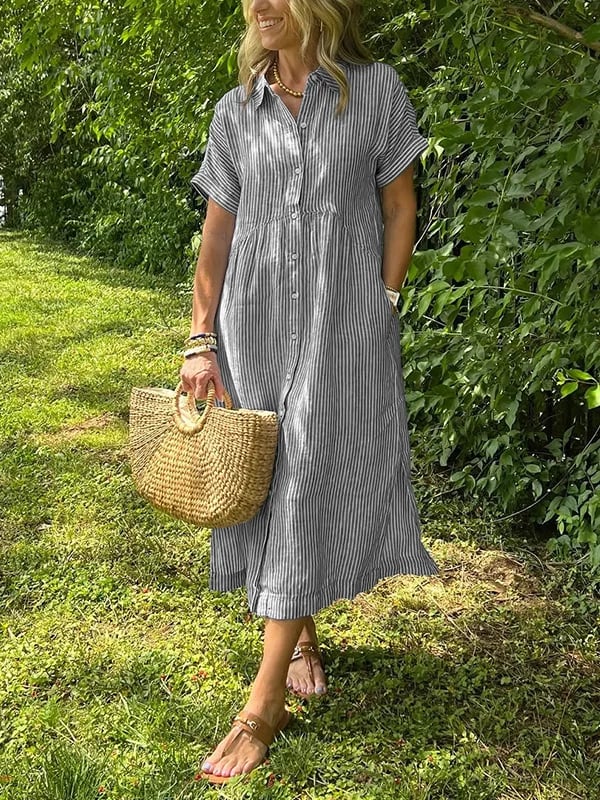 🌸Spring Sale-49% Off💃Striped Lapel Button Down Shirt Dress | With Functional Pockets