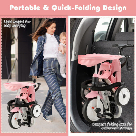 6-in-1 Foldable Baby Tricycle Toddler Stroller with Adjustable Handle-Pink