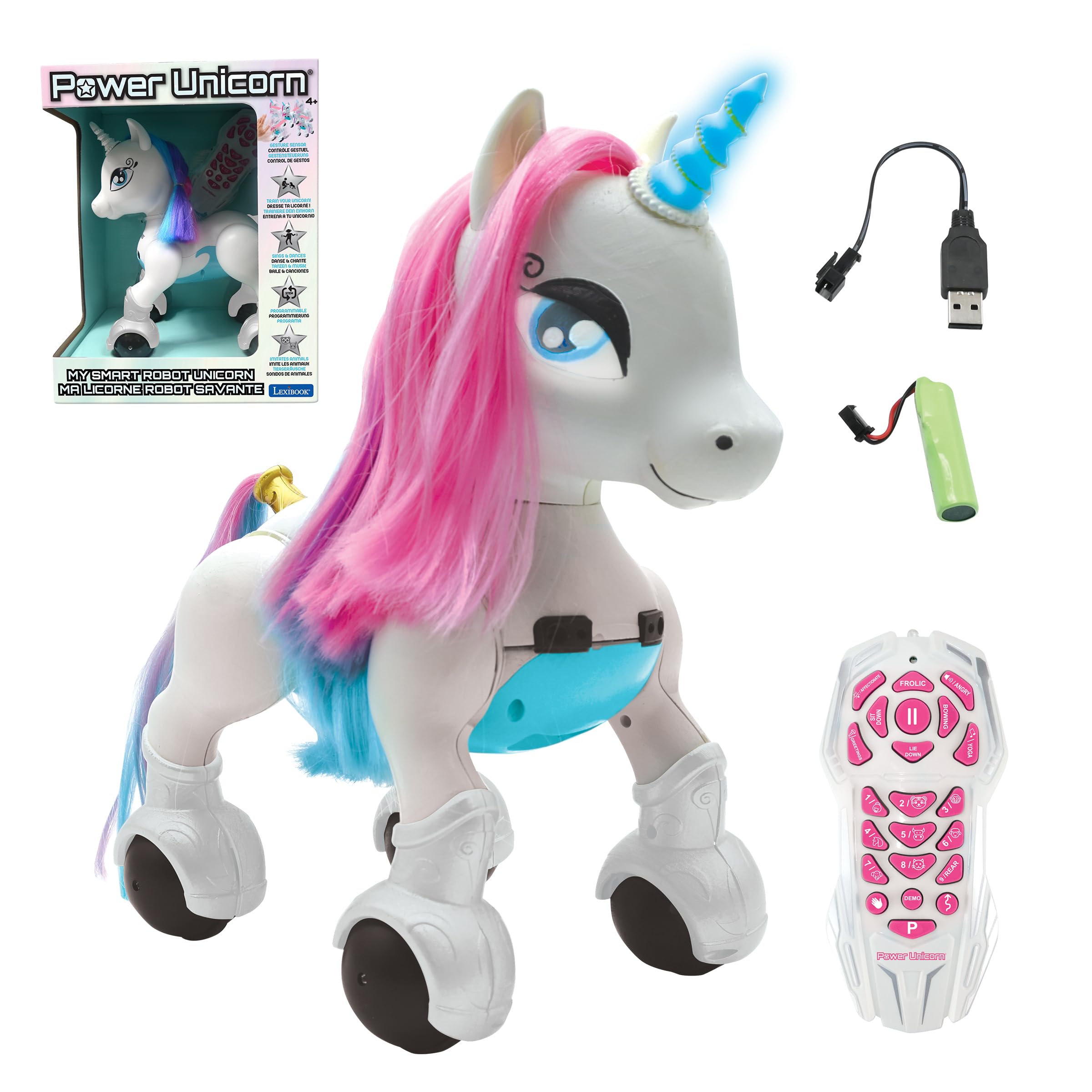 LEXiBOOK My First Smart Unicorn - Remote Control, Gesture Control, Rechargeable, One Size, White/Pink/Blue, Model UNI01