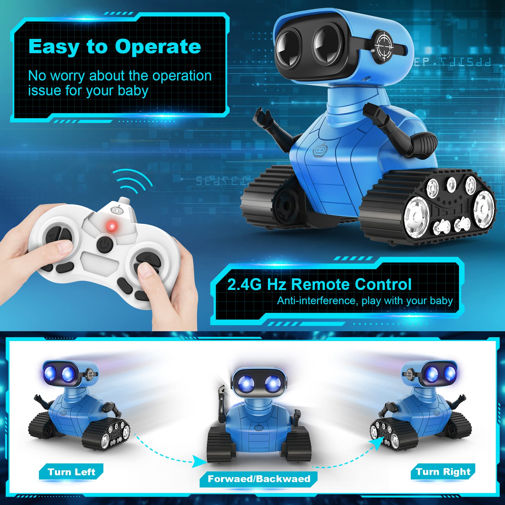 Hamourd Emo Robot Toy for Kids, Rechargeable RC with Dance Moves, LED Eyes, Blue, Standard Size, Model SQN-008