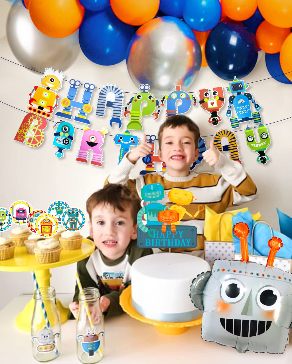 Roaring Good Time 83 PCS Robot Birthday Party Supplies - Multicolour Latex Balloons, Banner, Cake & Cupcake Decorations
