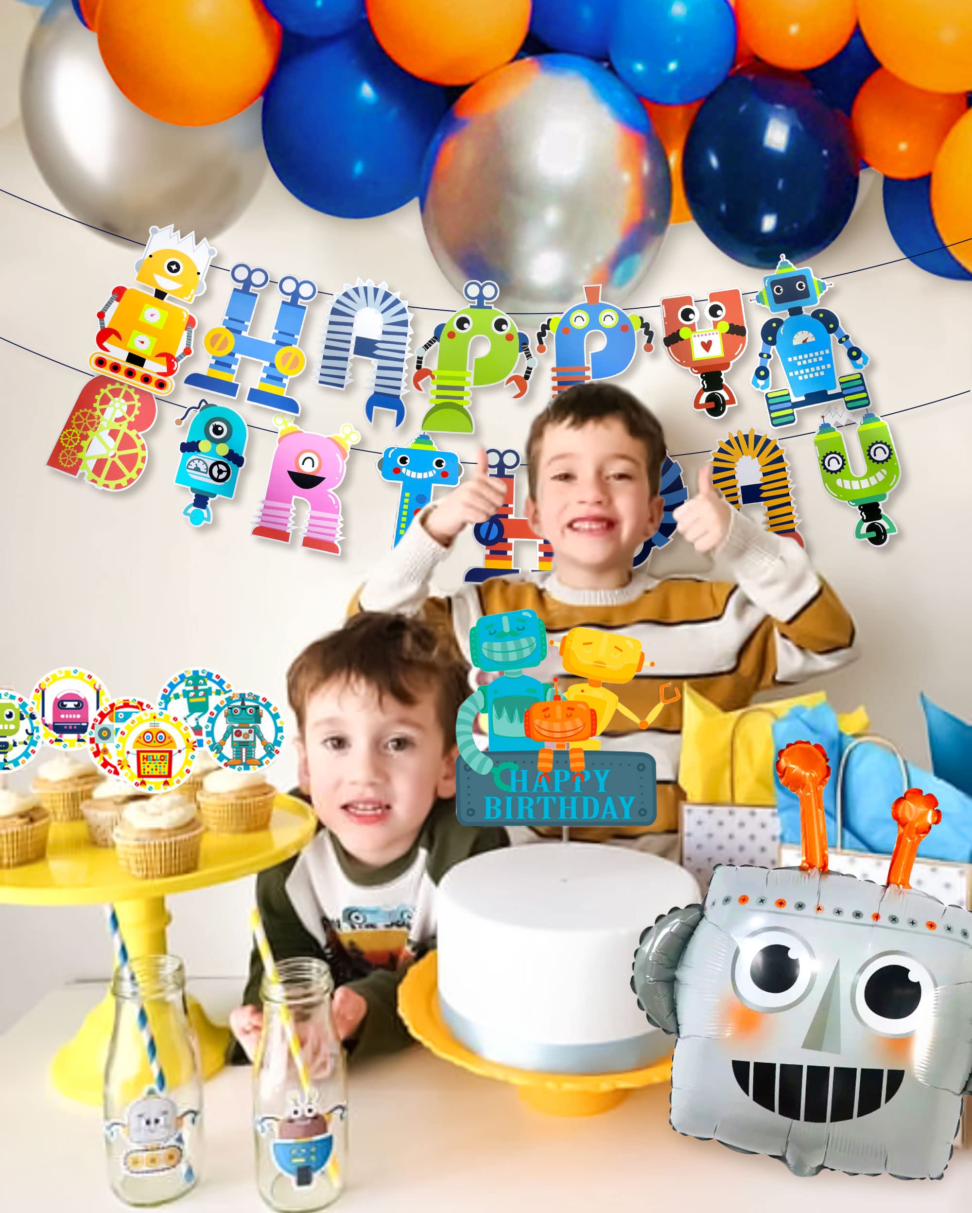 Roaring Good Time 83 PCS Robot Birthday Party Supplies - Multicolour Latex Balloons, Banner, Cake & Cupcake Decorations