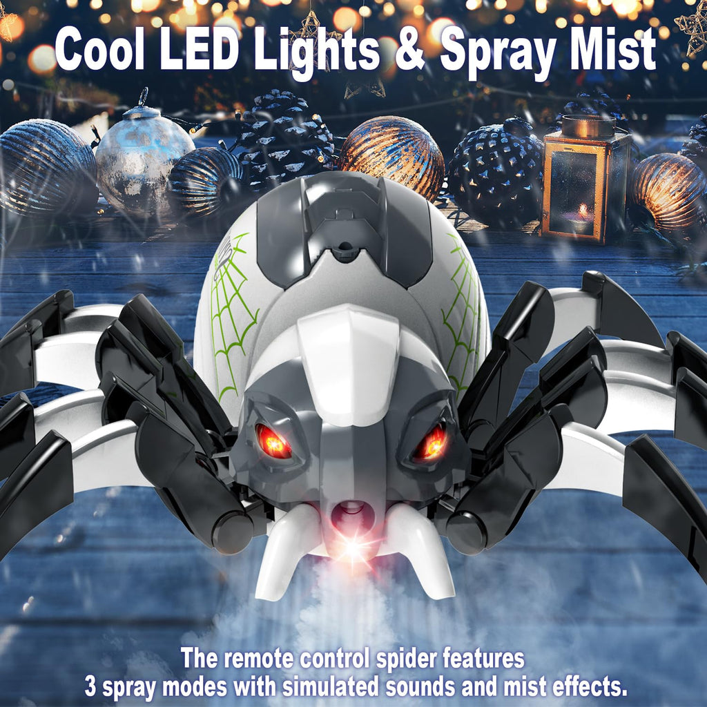 DEERC 128A Remote Control Spider Robot Toy - White, LED Light & Music, Perfect for Kids Halloween Gifts & Pranks