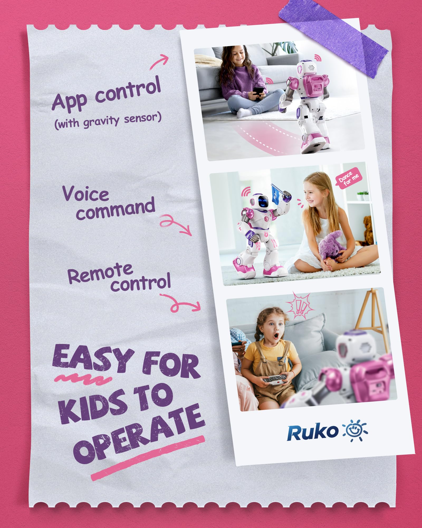 Ruko 1088 Smart Robot Toy for Kids, Large Interactive RC Robot, Voice & App Control, Extra Large, Pink