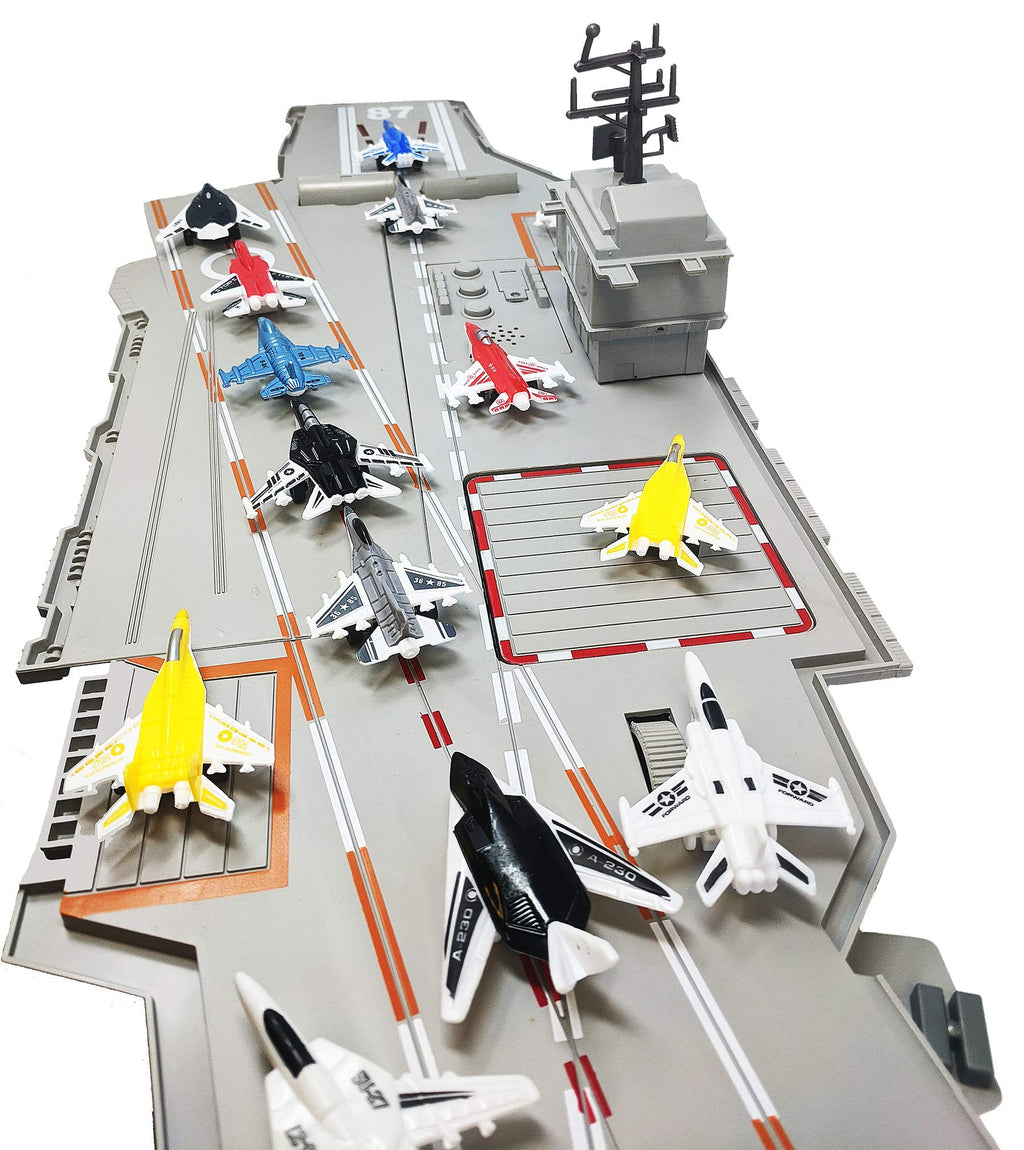 Toy Essentials 30 Inch Aircraft Carrier Playset with Sound Effects, Light Up Runway & 14 Fighter Jets - Multicolor Plastic Model 305549-9Jets
