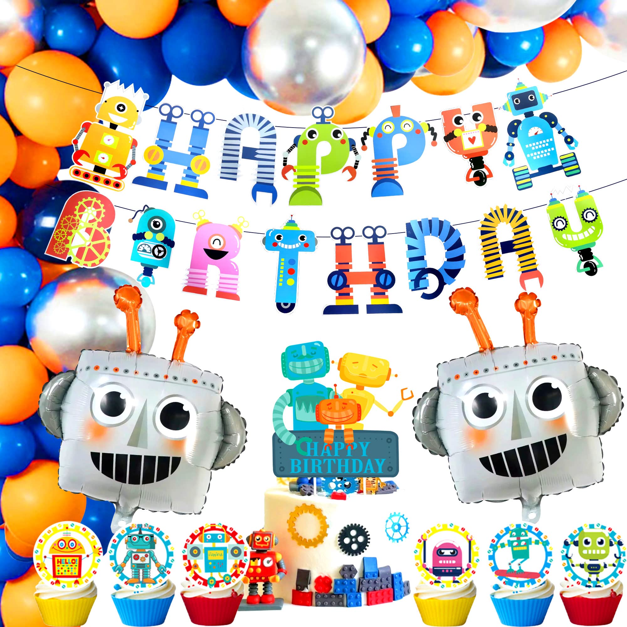 Roaring Good Time 83 PCS Robot Birthday Party Supplies - Multicolour Latex Balloons, Banner, Cake & Cupcake Decorations