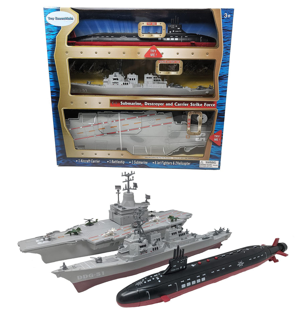 Toy Essentials Toy Aircraft Carrier Combo with Submarine, Battleship & 8 Mini Fighter Jets - Black, Plastic
