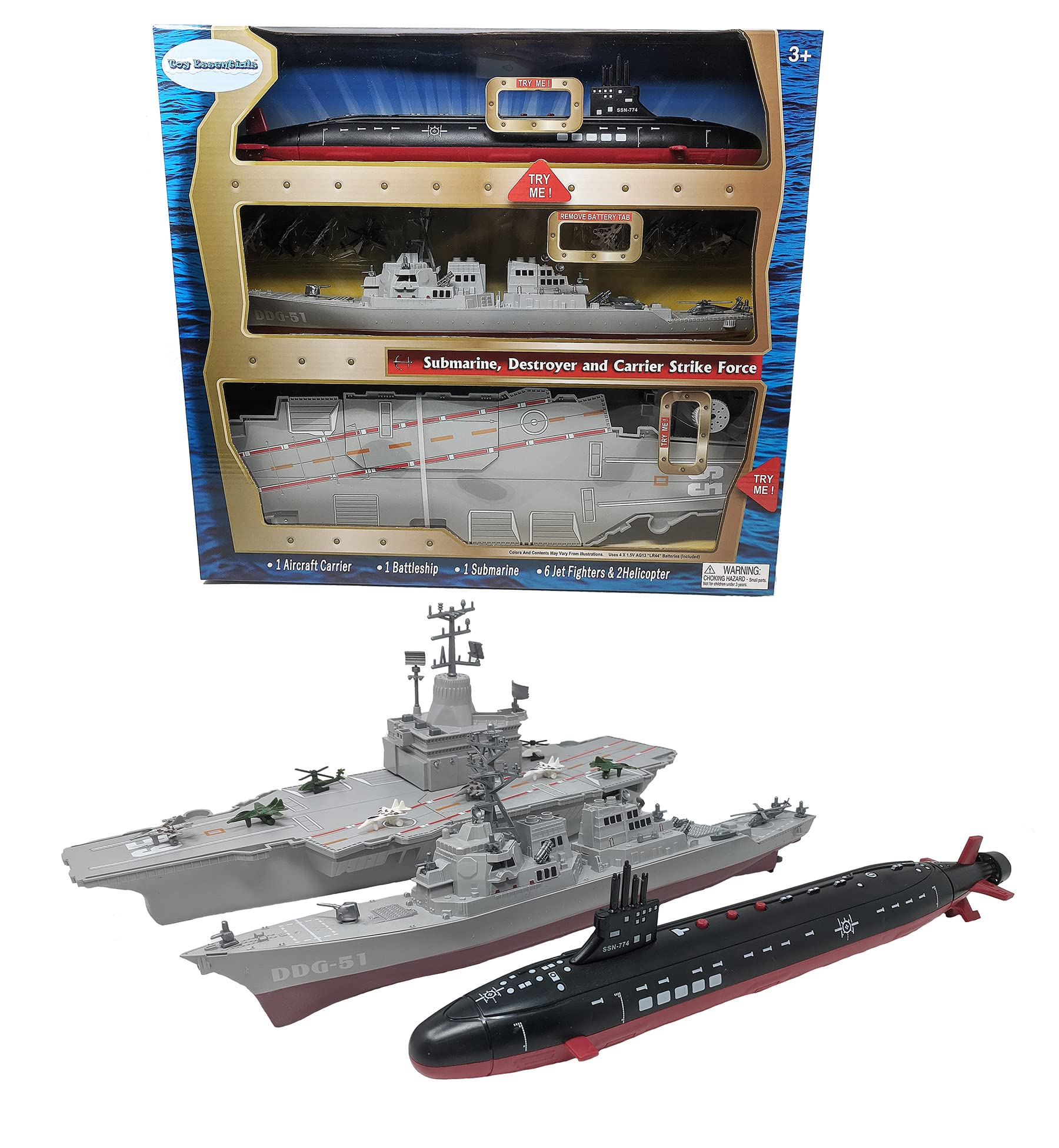 Toy Essentials Toy Aircraft Carrier Combo with Submarine, Battleship & 8 Mini Fighter Jets - Black, Plastic