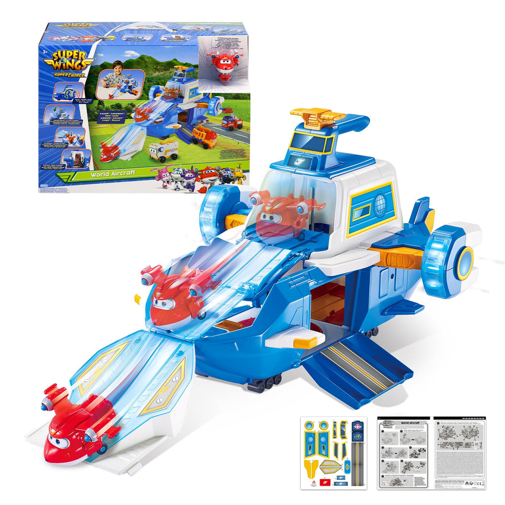 Super Wings Large World Aircraft Playset - 2" Supercharge Jett, Air Moving Base, Blue, Model FR740831A, Plastic - Ideal Gift for Kids 3-5 Years