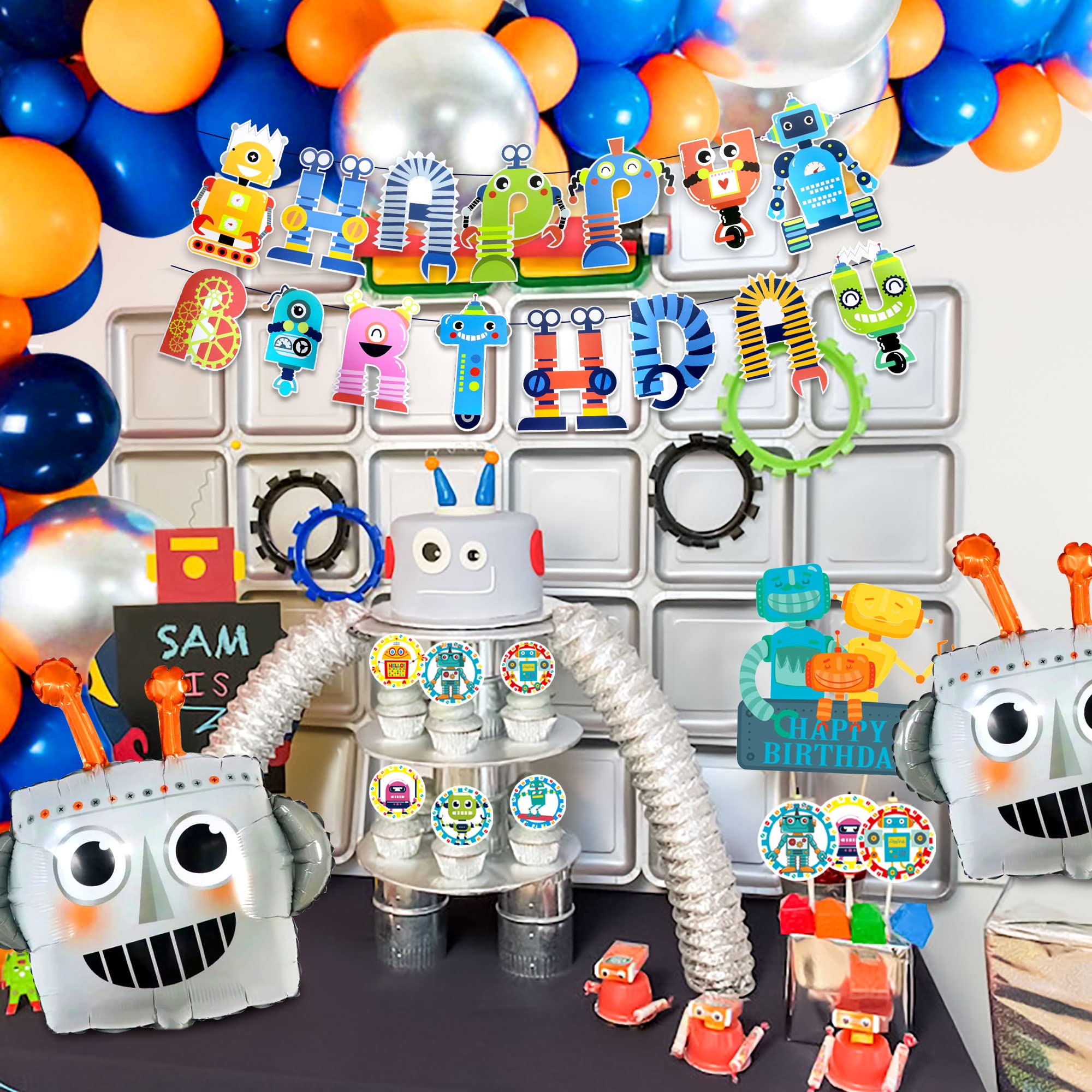 Roaring Good Time 83 PCS Robot Birthday Party Supplies - Multicolour Latex Balloons, Banner, Cake & Cupcake Decorations