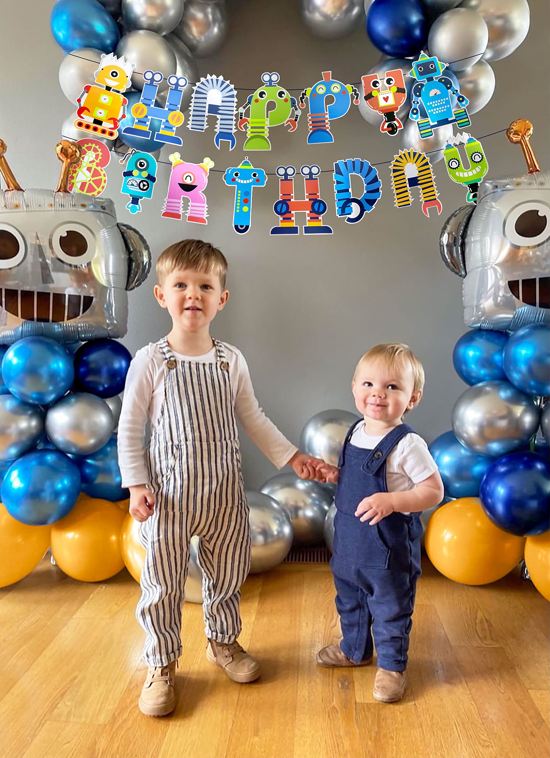 Roaring Good Time 83 PCS Robot Birthday Party Supplies - Multicolour Latex Balloons, Banner, Cake & Cupcake Decorations