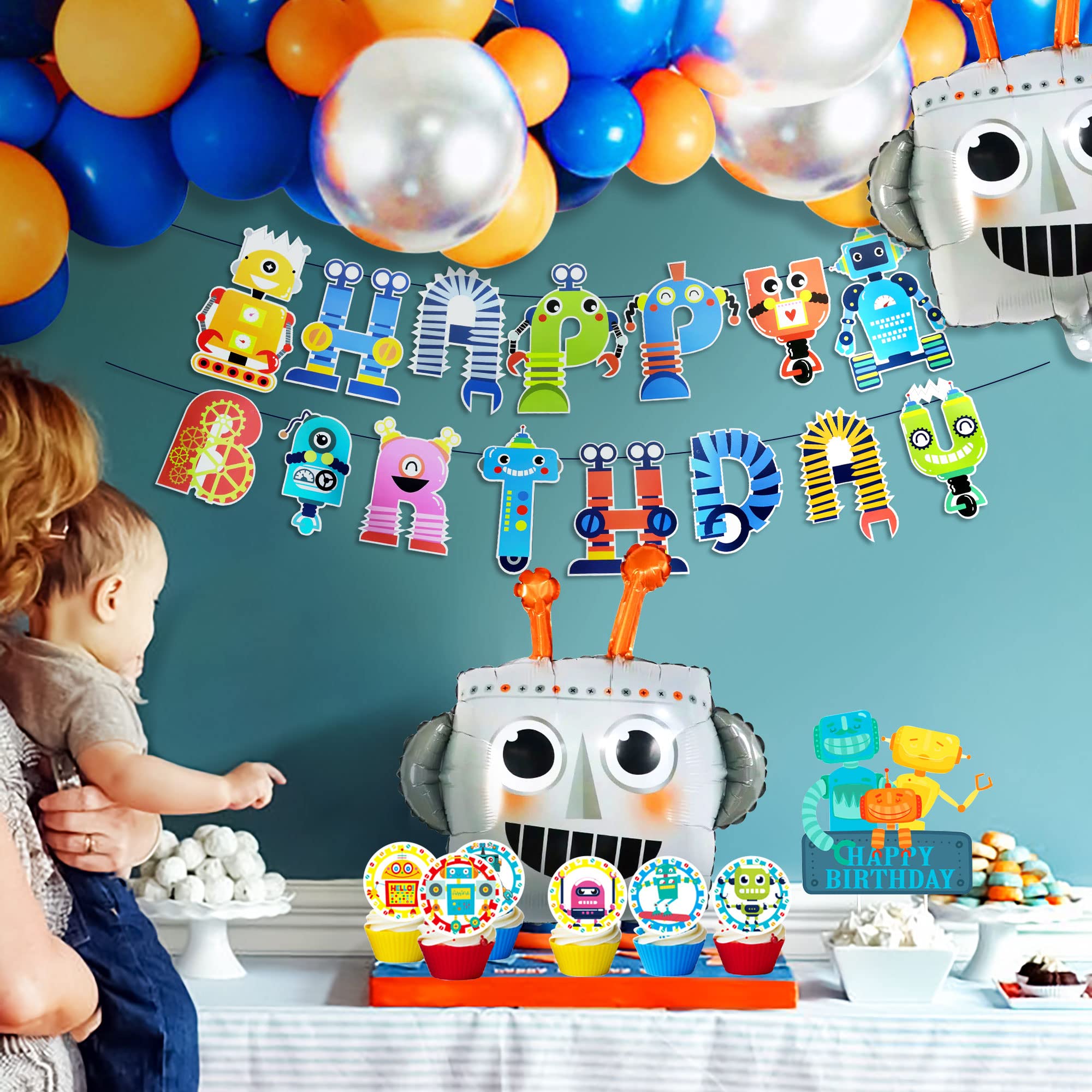 Roaring Good Time 83 PCS Robot Birthday Party Supplies - Multicolour Latex Balloons, Banner, Cake & Cupcake Decorations