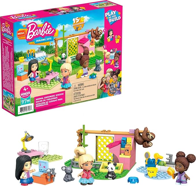 MEGA Construx Barbie Kids Building Blocks Toy Set, Animal Grooming Station with 97 Pieces, 3 Micro-Dolls, Barbie Pets and Accessories, Ages 4+ Years