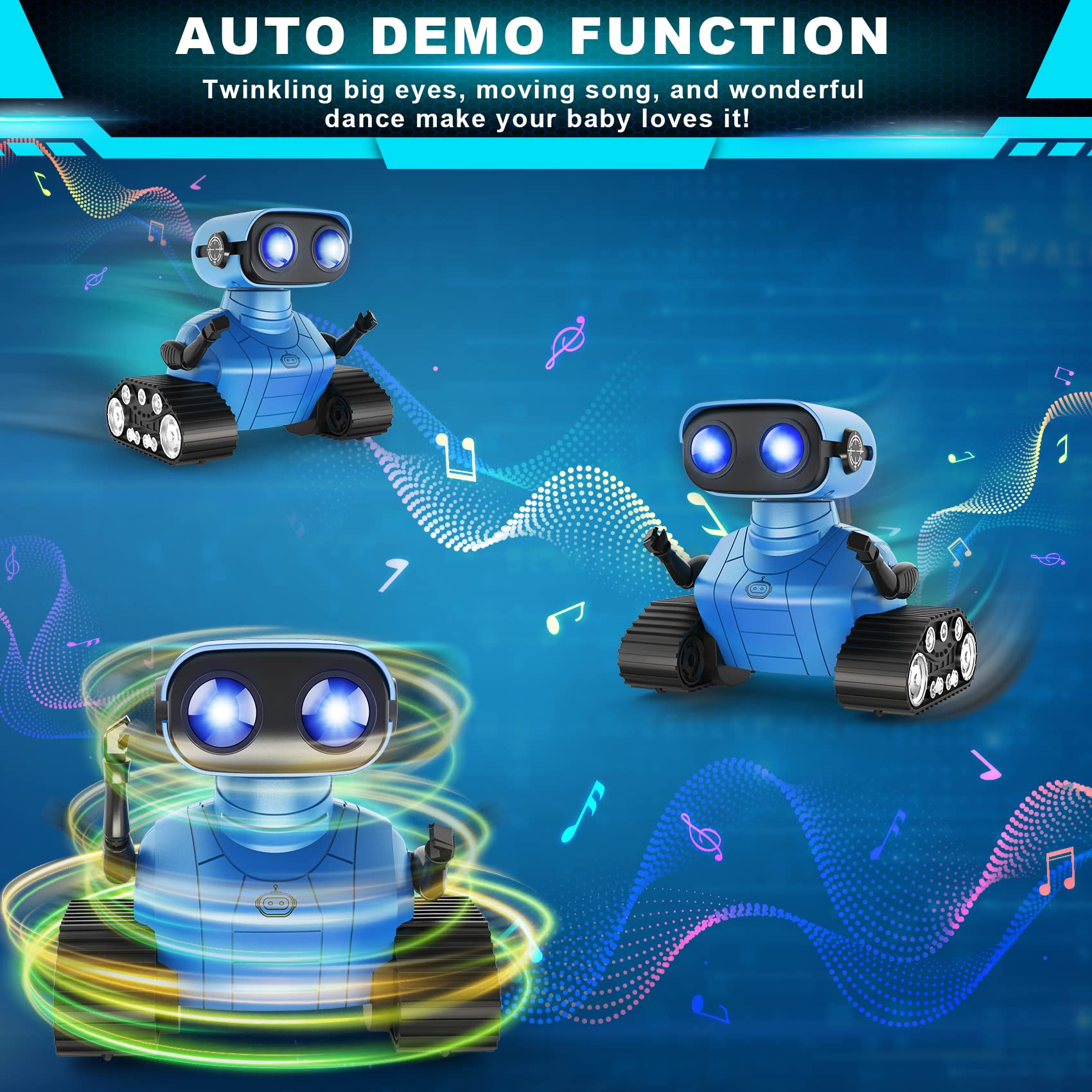 Hamourd Emo Robot Toy for Kids, Rechargeable RC with Dance Moves, LED Eyes, Blue, Standard Size, Model SQN-008