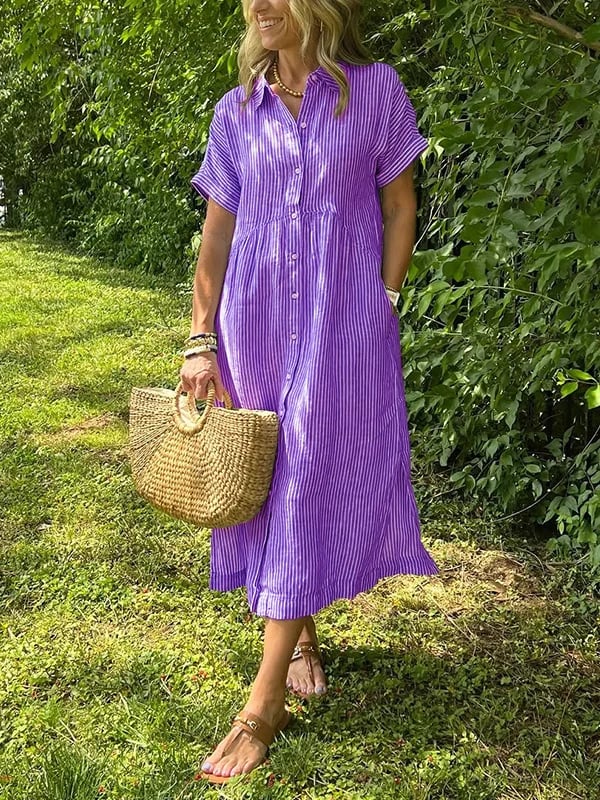 🌸Spring Sale-49% Off💃Striped Lapel Button Down Shirt Dress | With Functional Pockets