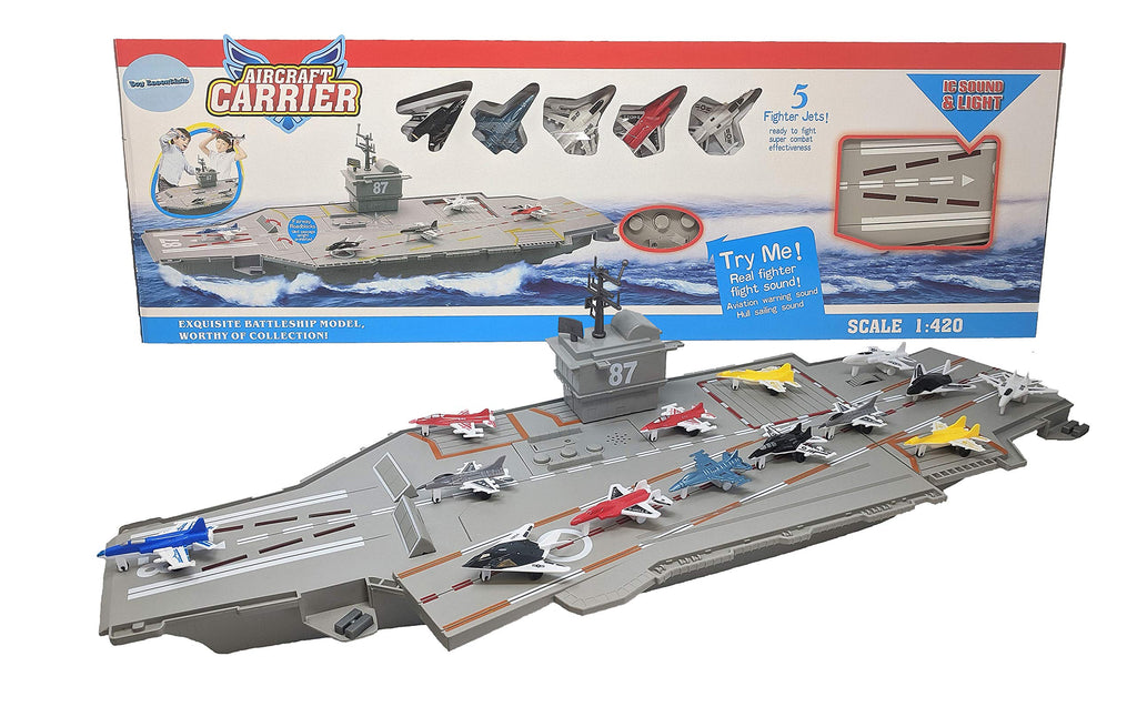 Toy Essentials 30 Inch Aircraft Carrier Playset with Sound Effects, Light Up Runway & 14 Fighter Jets - Multicolor Plastic Model 305549-9Jets