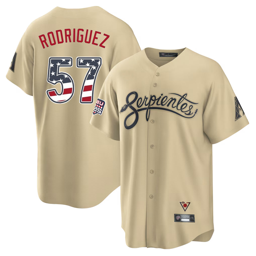 Arizona Diamondbacks #57 Eduardo Rodriguez Player Tan USA 250 Fourth of July Home Game Stitched Baseball Jersey