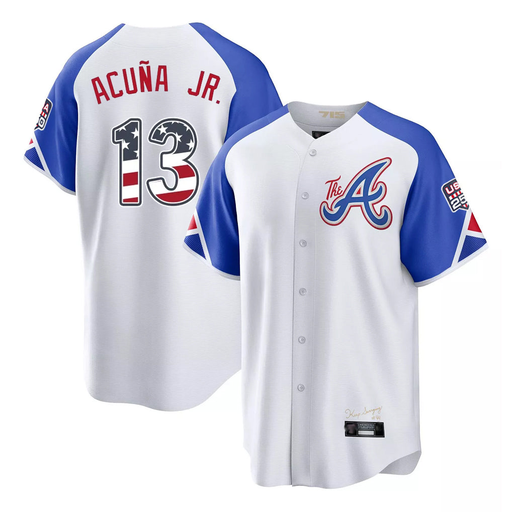 Atlanta Braves #13 Ronald Acuna Jr Player White USA 250 Fourth Of July City Connect Home Game Stitched Baseball Jersey