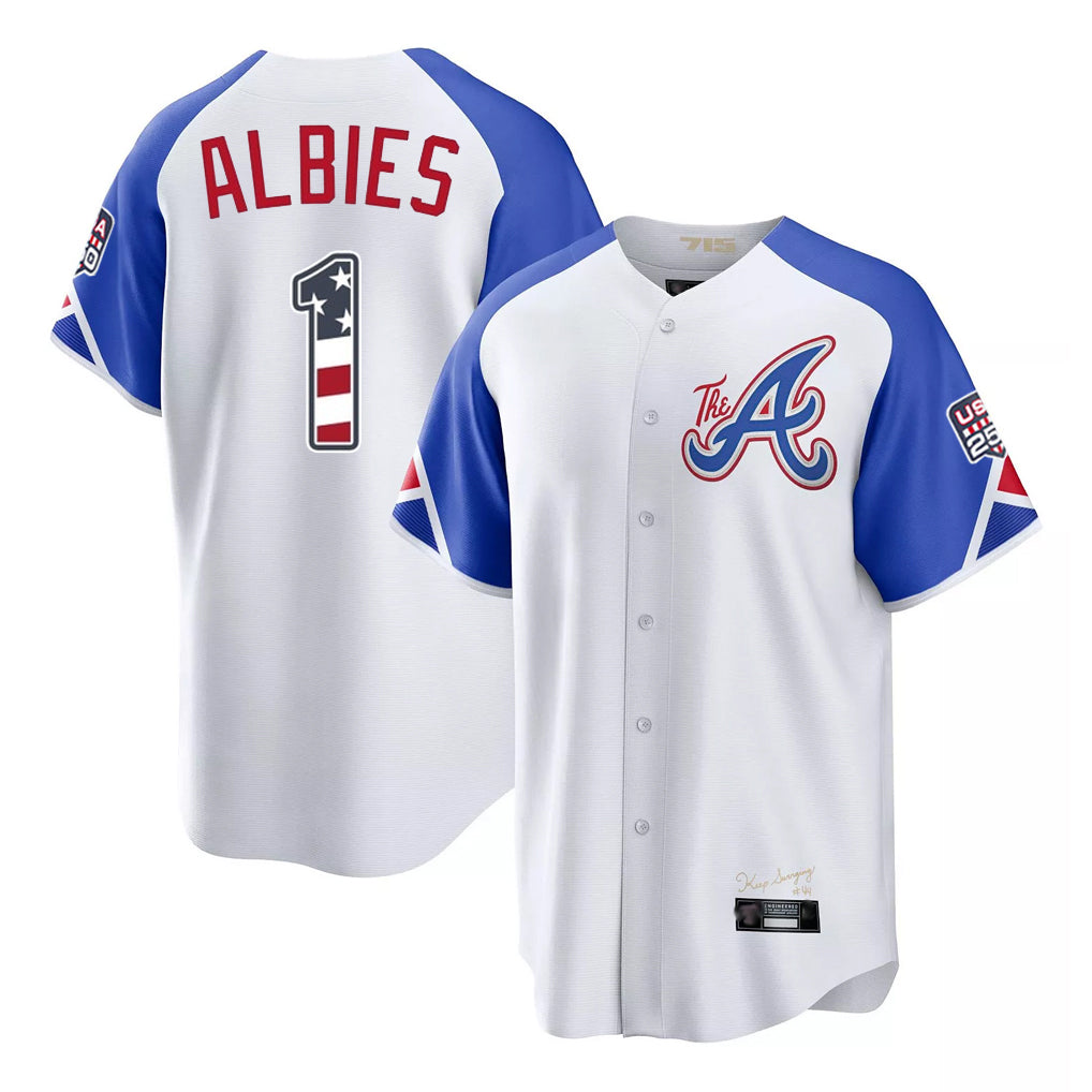 Atlanta Braves #1 Ozzie Albies Player White USA 250 Fourth Of July City Connect Home Game Stitched Baseball Jersey