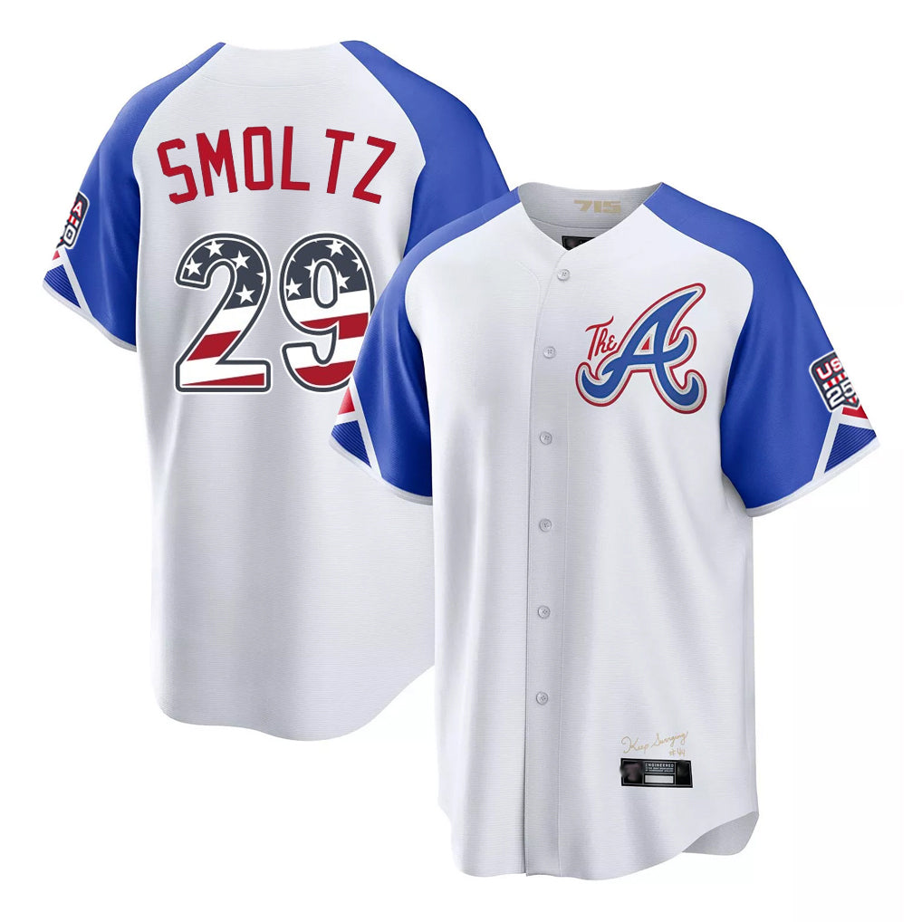 Atlanta Braves #29 John Smoltz Player White USA 250 Fourth Of July City Connect Home Game Stitched Baseball Jersey