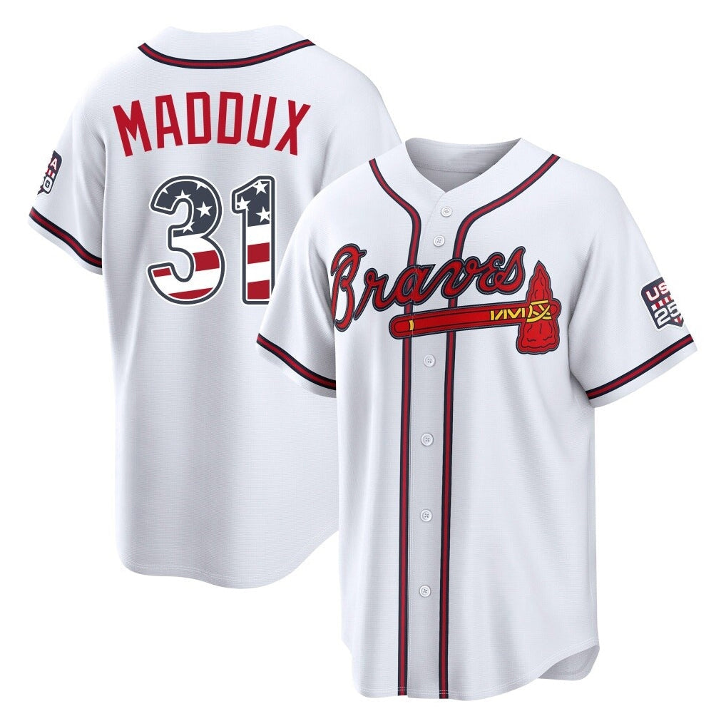 Atlanta Braves #31 Greg Maddux Player White USA 250 Fourth Of July Limited Home Game Stitched Baseball Jersey