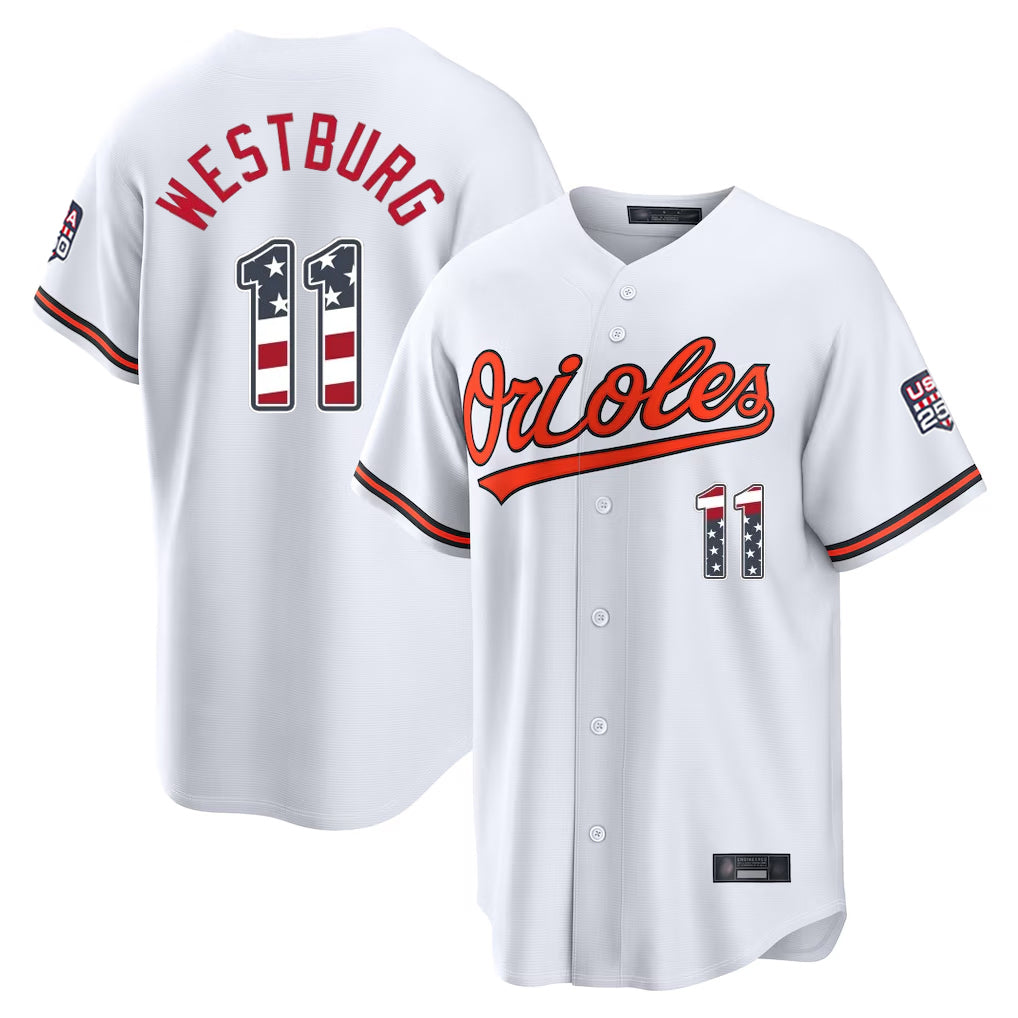 Baltimore Orioles #11 Jordan Westburg Player White USA 250 Fourth of July Home Game Stitched Baseball Jersey