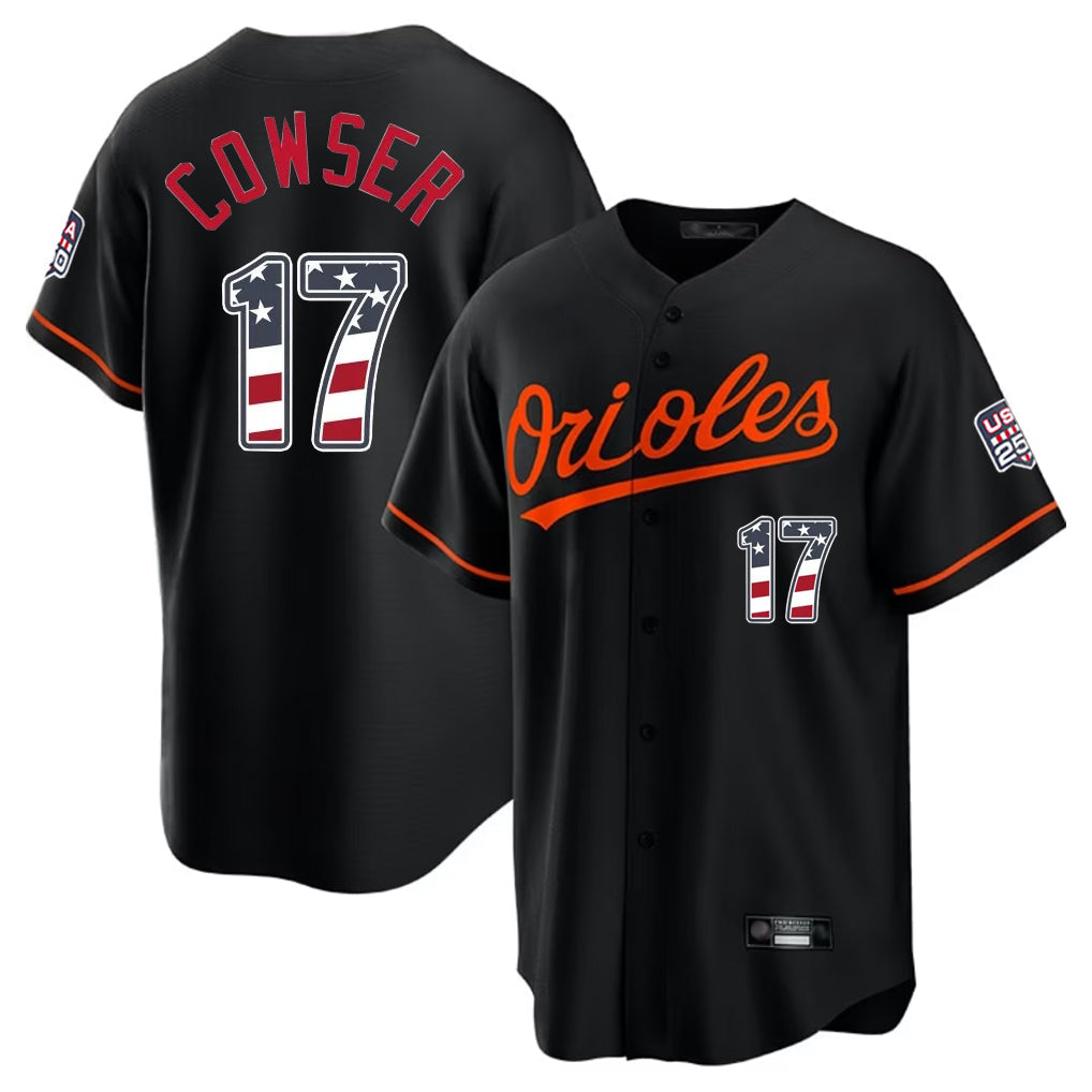 Baltimore Orioles #17 Colton Cowser Player Black USA 250 Fourth of July Home Game Stitched Baseball Jersey