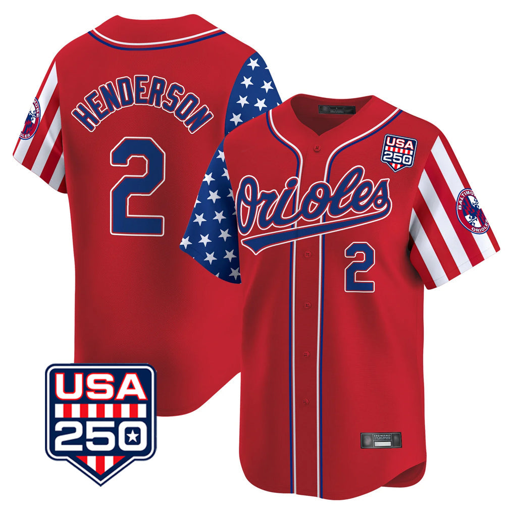 Baltimore Orioles #2 Gunnar Henderson Player Red USA 250 Independence Day Vapor Premier Limited Home Game Stitched Baseball Jersey