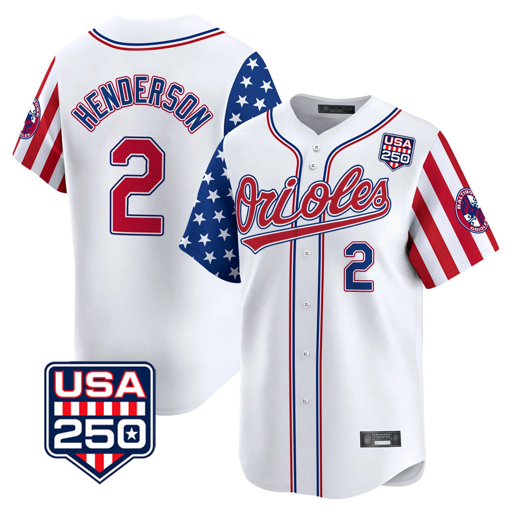 Baltimore Orioles #2 Gunnar Henderson Player White USA 250 Independence Day Vapor Premier Home Game Stitched Baseball Jersey